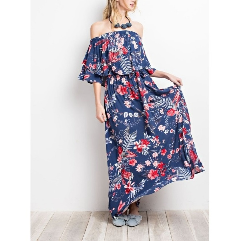 Floral Print Ruffle Off Shoulder Maxi Dress - Picture 3 of 8